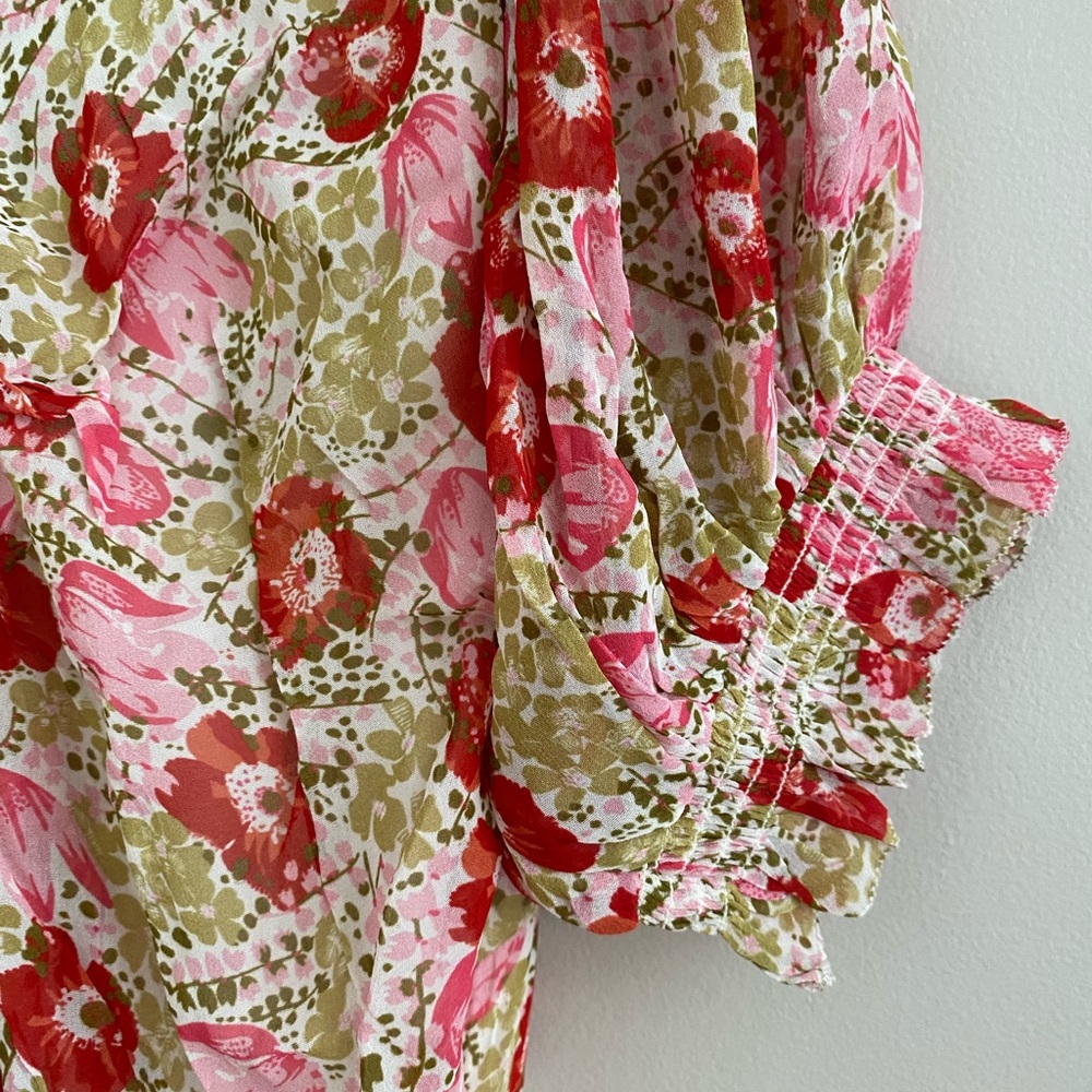 By Anthropologie Puff-Sleeve Ruched Mesh Midi Shirt Dress 4p new pink nwt - Picture 8 of 9